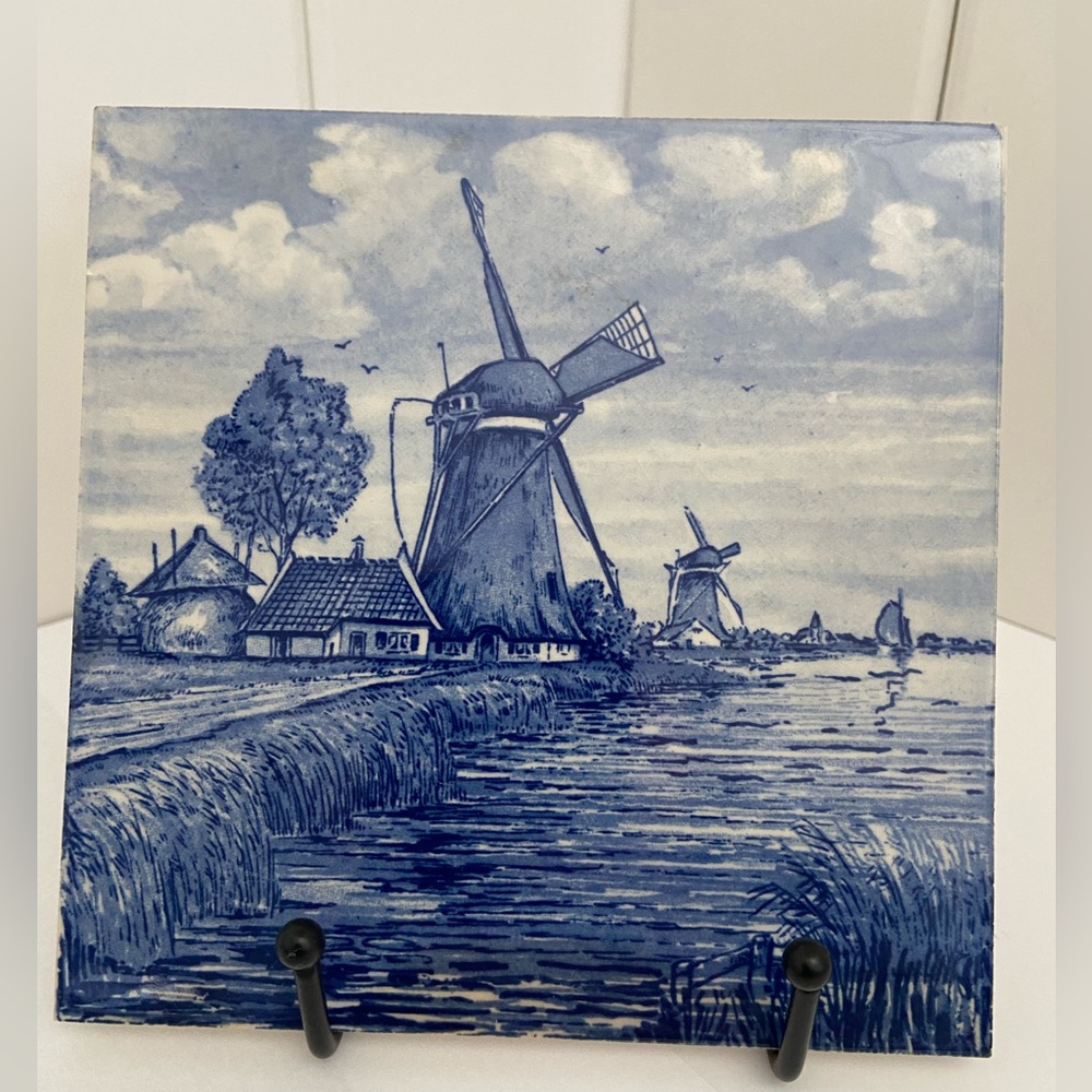 Vintage Blue Delft TILE ART Dutch Landscape Windmill Figurine Nature ceramic LOT - Picture 13 of 16